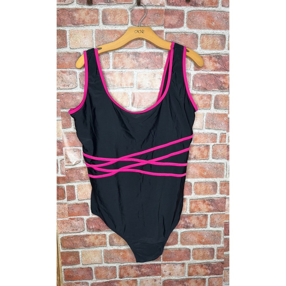 Vintage Catalina Womens Plus‎ Size 3X One Piece Swimsuit Black Pink Crisscross